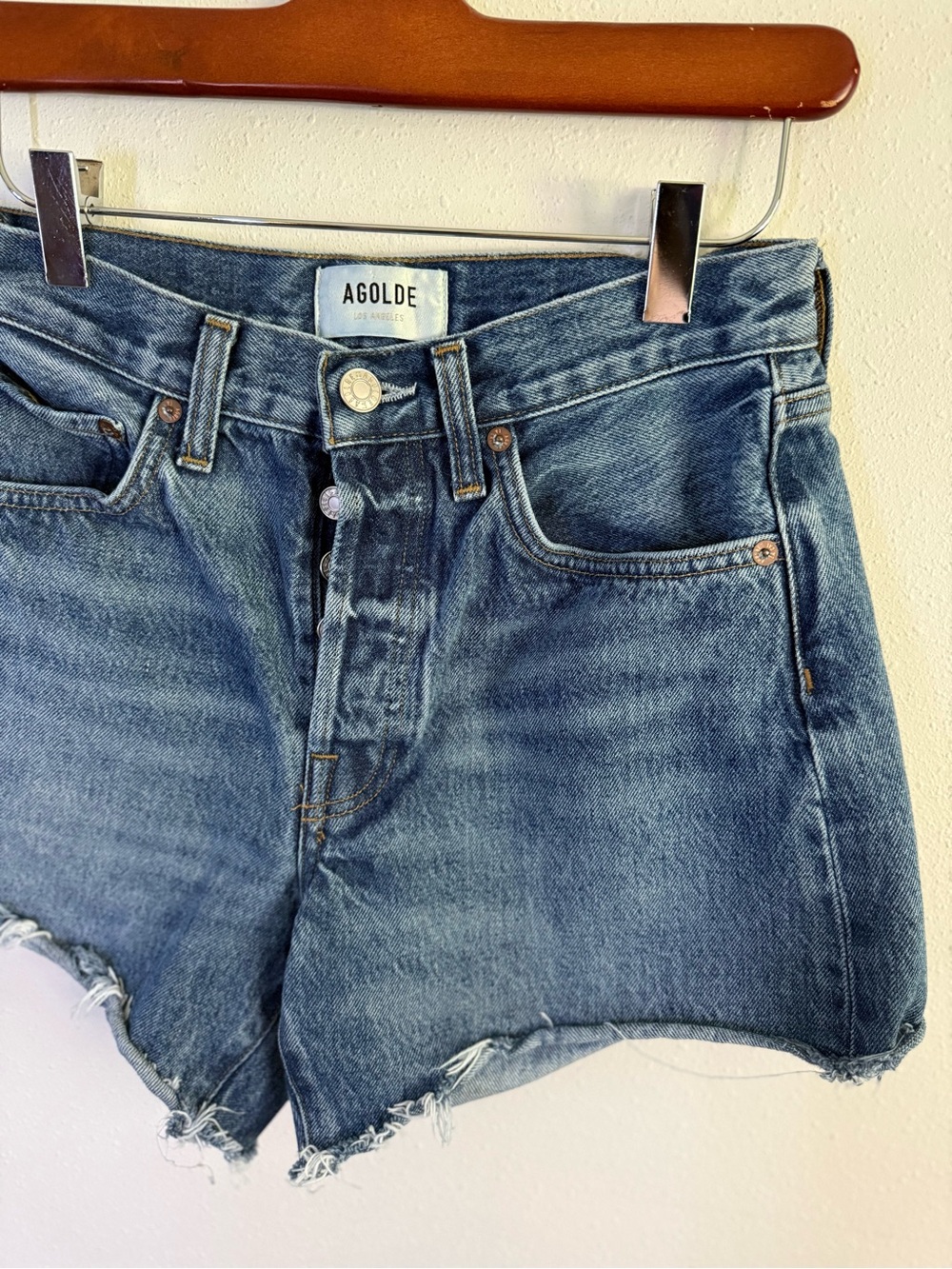 AGOLDE Parker Shorts 25 High Rise Raw Hem Denim Cutoff Medium Wash
